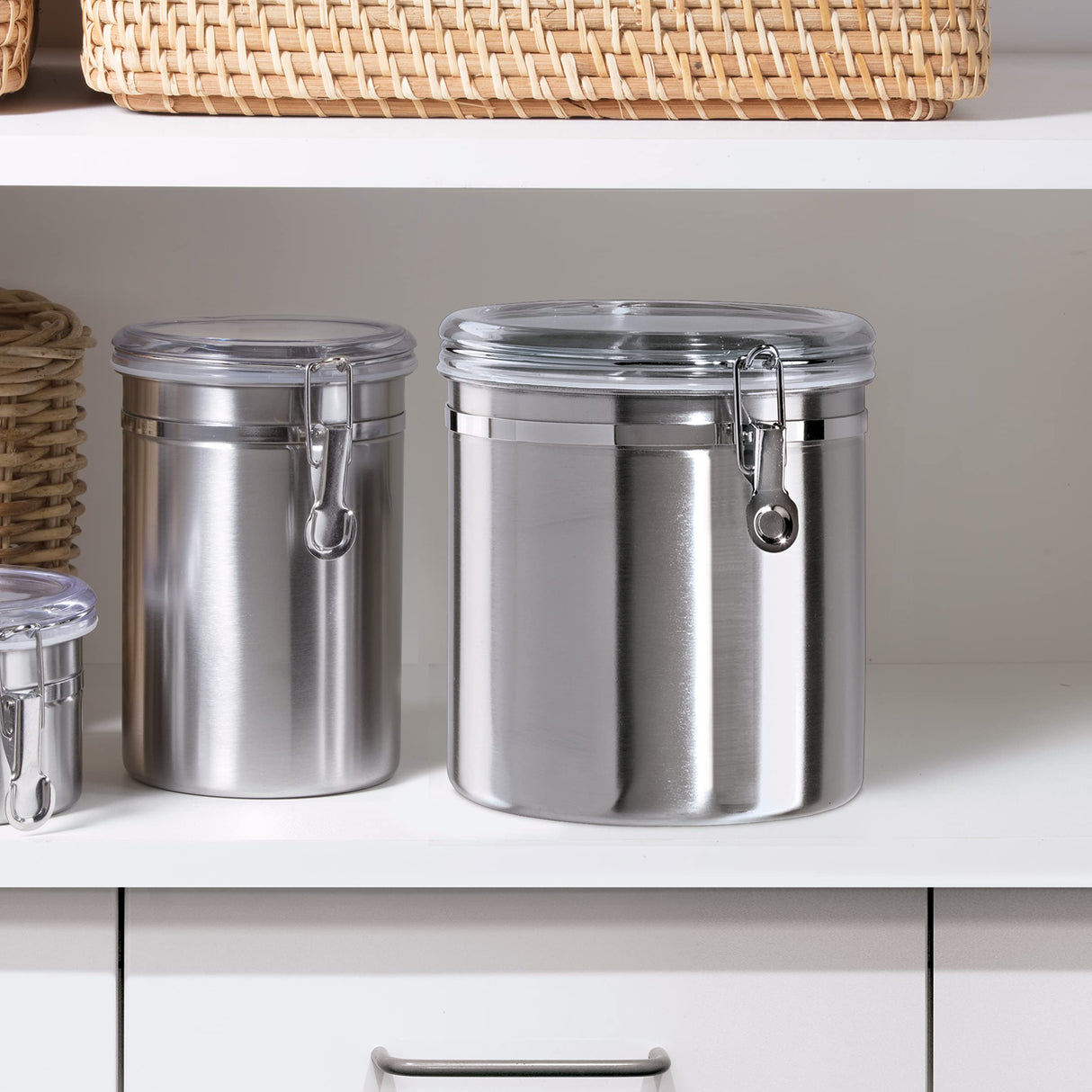 Oggi Stainless Steel Kitchen Canister 152 fl oz - Airtight Clamp Lid, Clear See-Thru Top - Ideal for Kitchen Storage, Food Storage, Pantry Storage. Jumbo Size 8" x 8". Oggi