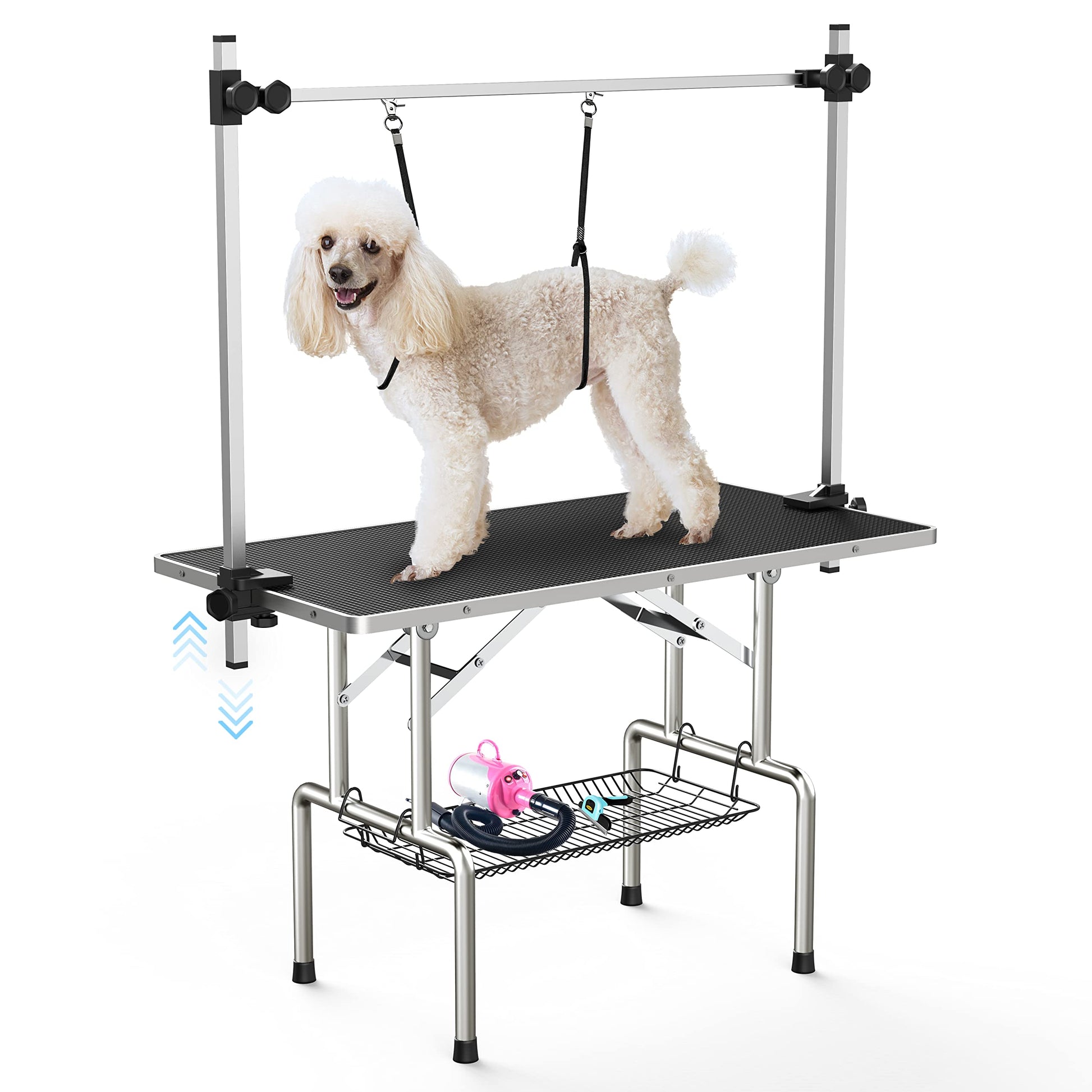 Lyromix 46''Large Dog Grooming Table, Adjustable Cat Drying Desktop with Arms, Nooses, Mesh Tray, Foldable Pet Station at Home, Maximum Capacity Up to 330Lb, 36inch, Black - WoodArtSupply