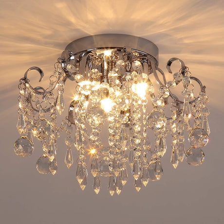 Q&S Small Crystal Chandelier Flush Mount Ceiling Light 3 Lights Modern Chrome Iron Raindrop Crystal Ceiling Fixture for Bedroom Hallway Closet Entryway Stairs Q&S