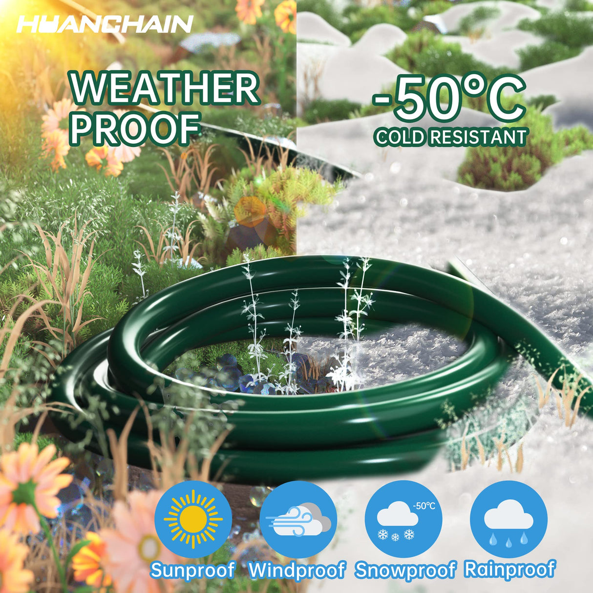 HUANCHAIN Indoor Outdoor Green Extension Cord 50 ft Waterproof, 16/3 Gauge Flexible Cold-Resistant Appliance Extension Cord Outside, 13A 1625W 16AWG SJTW, 3 Prong Heavy Duty Electric Cord, ETL huanchain