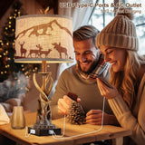 BOWOBO Antler Table Lamps Set of 2 for Bedroom, Farmhouse Rustic Antler Deer Bedside Lamps with USB A+C Ports for Living Room End Table Hunting Themed Cabin Lamp Pull Chain Linen BOWOBO