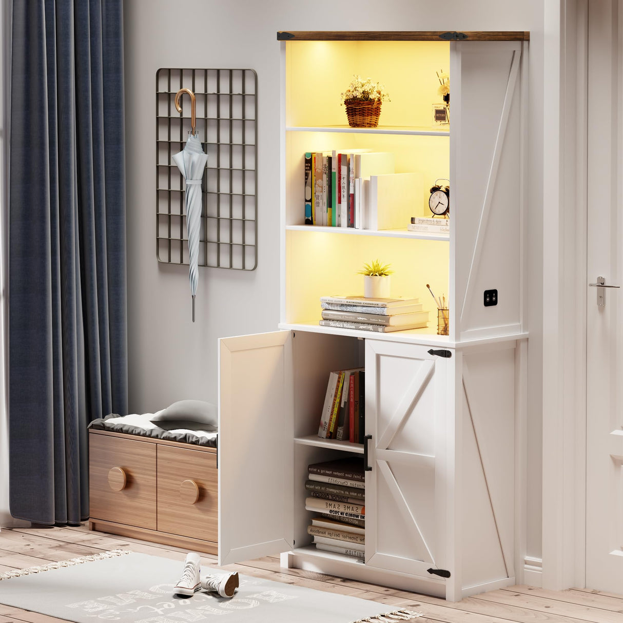 FREDEES Farmhouse White Tall Bookcase with LED Lights and Storage Cabinet, 30" W x 69" H FREDEES