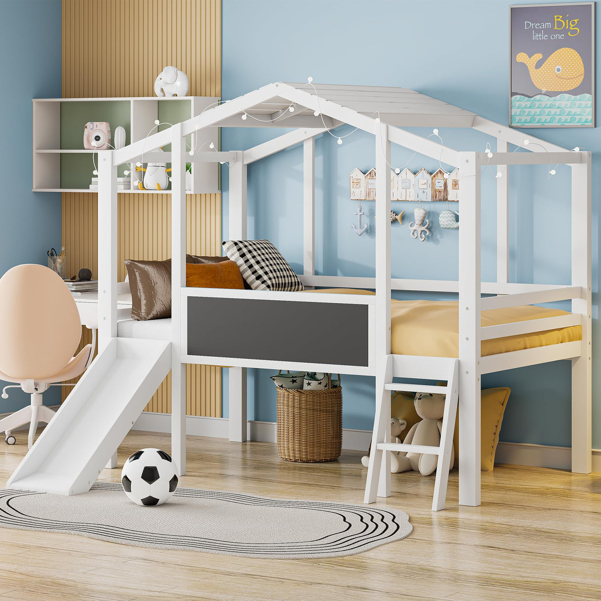 Bellemave Twin Loft Bed with Slide and Ladder, Kids Loft Bed with Decorative Chalkboard and LED Light, Low House Loft Bed for Kids, Girls, Boys(Twin White) Bellemave