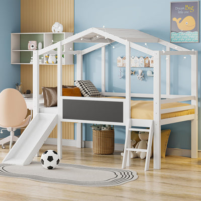 Bellemave Twin Loft Bed with Slide and Ladder, Kids Loft Bed with Decorative Chalkboard and LED Light, Low House Loft Bed for Kids, Girls, Boys(Twin White)