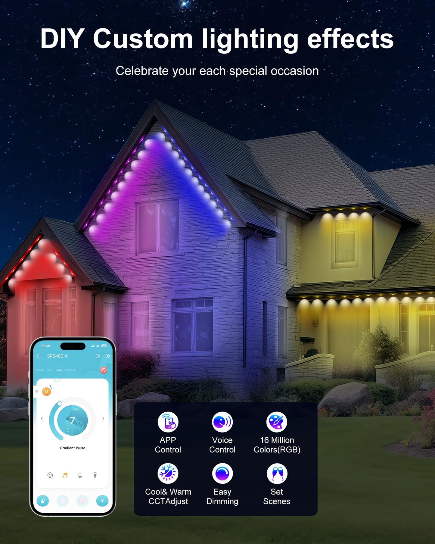 Nexillumi Permanent Outdoor Lights for House, 100ft Smart RGB Plus IC Outside Lights with 60 Scene Modes, IP67 Waterproof Eaves Lights for Christmas All Holiday Decorations