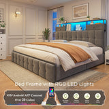 EnHomee King Bed Frame with 4 Storage Drawers King Size Bed Frame with Headboard Built in Charging Station and LED Lights, No Noise, No Box Spring Needed, Easy Assembly, Grey EnHomee