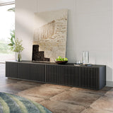 POVISON Modern Solid Wood TV Stand, Black Entertainment Center for 75+ inch TV, 95'' Media Console with Storage for Living Room Bedroom, Farmhouse Low TV Cabinet, Partial Assembly Required POVISON