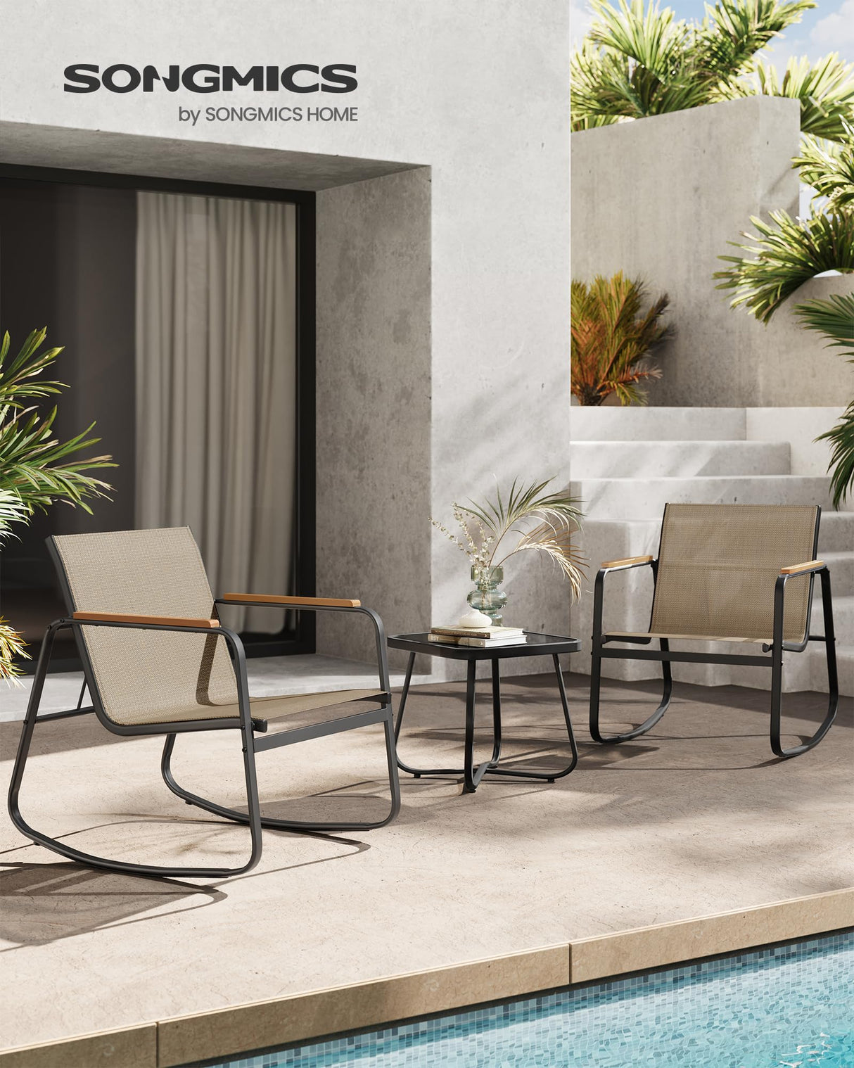 SONGMICS 3-Piece Patio Furniture Set, Garden Coversation Set, 2 Rocking Chairs, Table, Outdoor Lawn Backyard, Steel, with Armrests, Breathable Synthetic Fabric, Yellowish Brown UGGF0027K01 SONGMICS