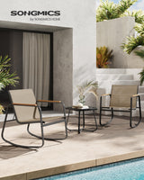 SONGMICS 3-Piece Patio Furniture Set, Garden Coversation Set, 2 Rocking Chairs, Table, Outdoor Lawn Backyard, Steel, with Armrests, Breathable Synthetic Fabric, Yellowish Brown UGGF0027K01 SONGMICS