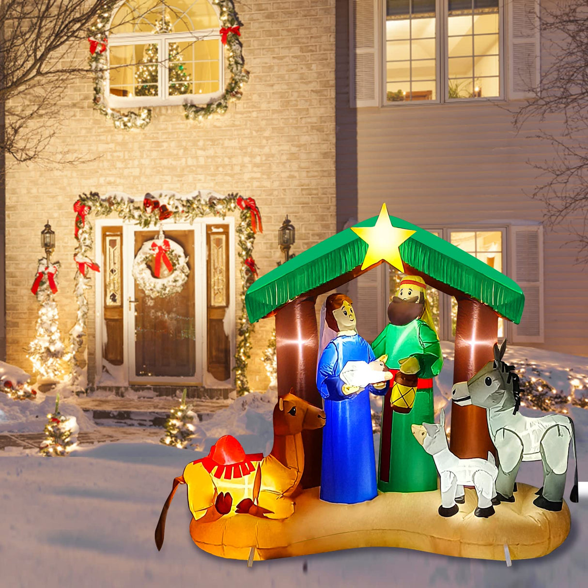 Hazms 7 FT Christmas Inflatable Decoration Nativity Sets for Christmas Outdoor Jesus Nativity Scene Christmas Inflatables Built-in LED Lights Blow Up Inflatable, Outdoor Decor Hazms