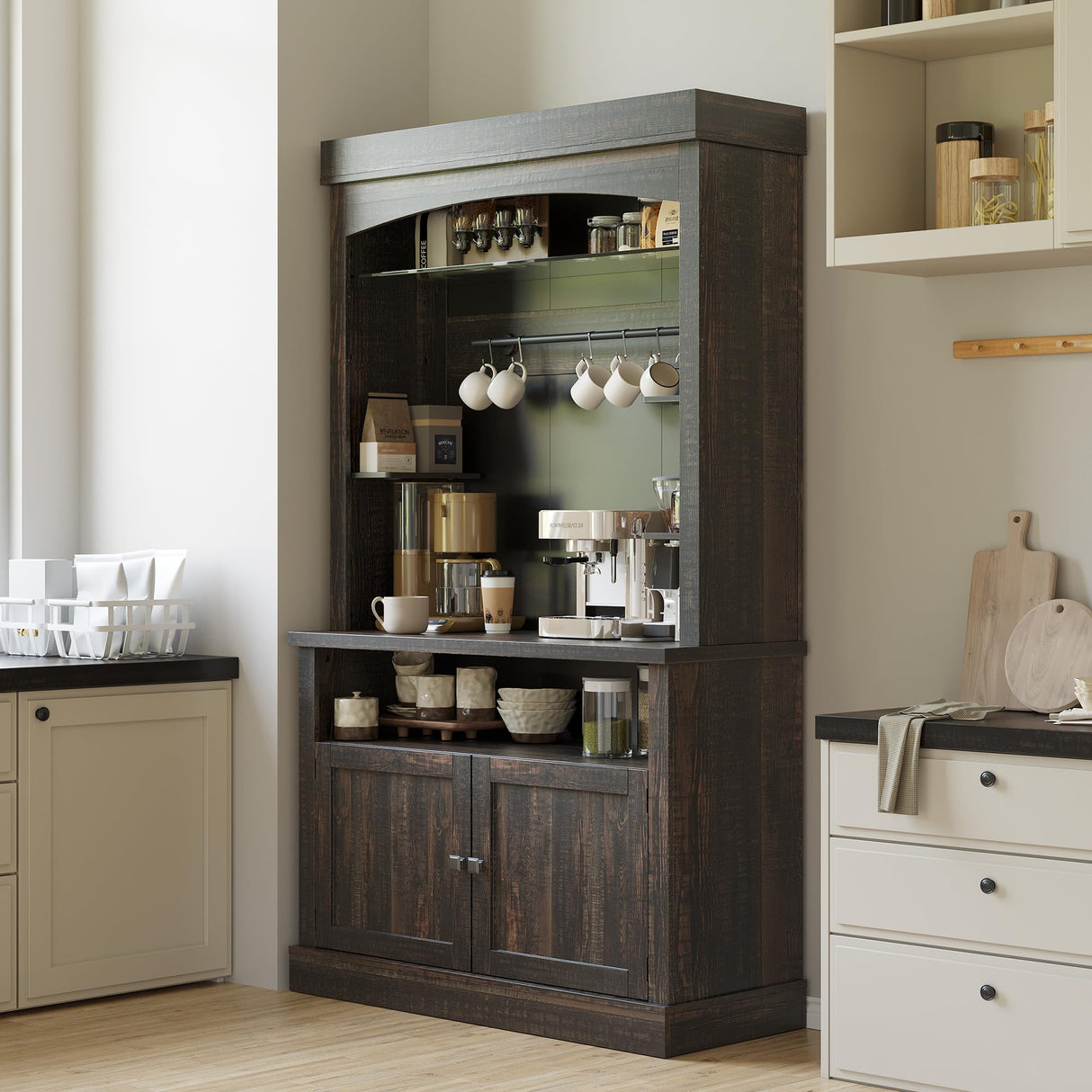 Garvee 72 in Pantry Cabinet, Farmhouse Coffee Bar Station with 3 Color LED Light and 5 S-Hook, Kitchen Hutch with Storage Rack, Rustic Cupboard for Living Room Dining Room Garvee