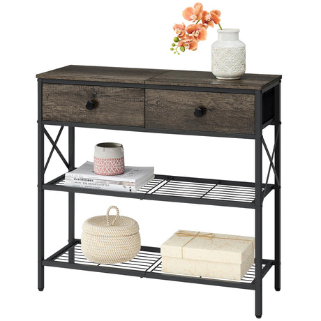 Tajsoon Console Table, 31.5" Sofa Table with 2 Fabric Drawers, 3-Tier Industrial Entryway Table with Storage Shelves, Entrance Table for Entryway, Hallway, Living Room, Foyer, Greige Tajsoon