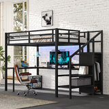MAKIAAP Full Size Loft Bed with Desk and Wardrobe, Metal Heavy Duty Loft Bed Frames with Storage Stairs, LED Lights, Charging Station for Adults, Junior, Teens, Space Saving, Black (Full (more slats)) MAKIAAP
