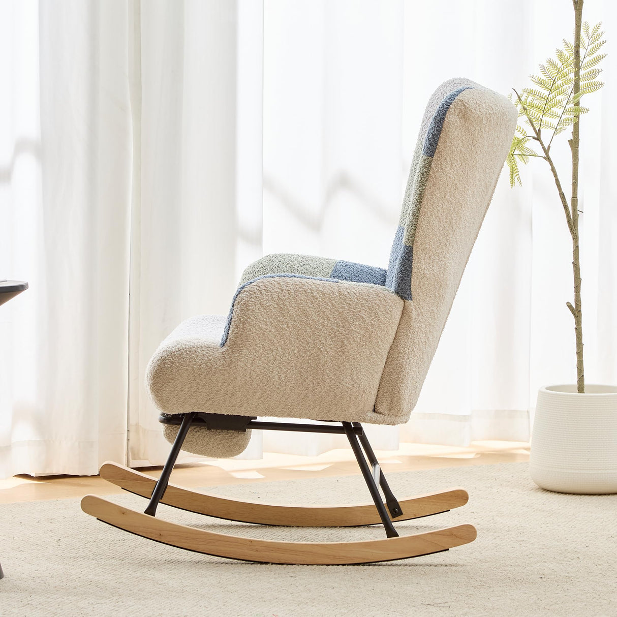 ETCZOYE Modern Nursery Rocking Chair, Teddy Upholstered Glider Rocker with Footrest, Comfortable Rocker Recliner with Side Pocket for Living Room, Bedroom, Office, Large Spliced Dark Blue ETCZOYE