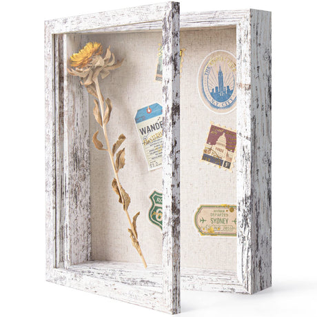 Califortree 8x10 Shadow Box Frame with Linen Back - Real Glass, Push Pins Included, Sturdy Rustic Memory Display Case, Distressed White Califortree