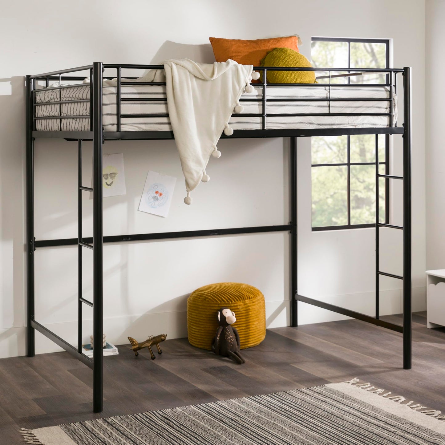 Walker Edison Timothee Urban Industrial Metal Double over Loft Bunk Bed, Full Loft, Black