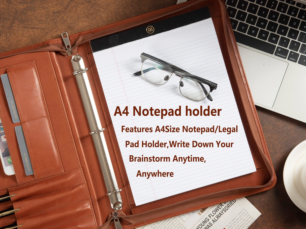 Free Engraved Name, Personalized Portfolio Binder Organizer, PU Leather Custom 3 Ring Binder Padfolio, Zipper Binder Business Document Ordner with A4 Writing Pad, Corporate Gift, Customized, Brown AZXCG