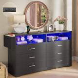 Whalefall Bedroom Dresser with LED Lights, Black 6 Drawers Dresser for Bedroom with Charging Station 55in Large Chest of Drawers, Wood Dresser TV Stand for Living Room Closet Entryway (Black) Whalefall