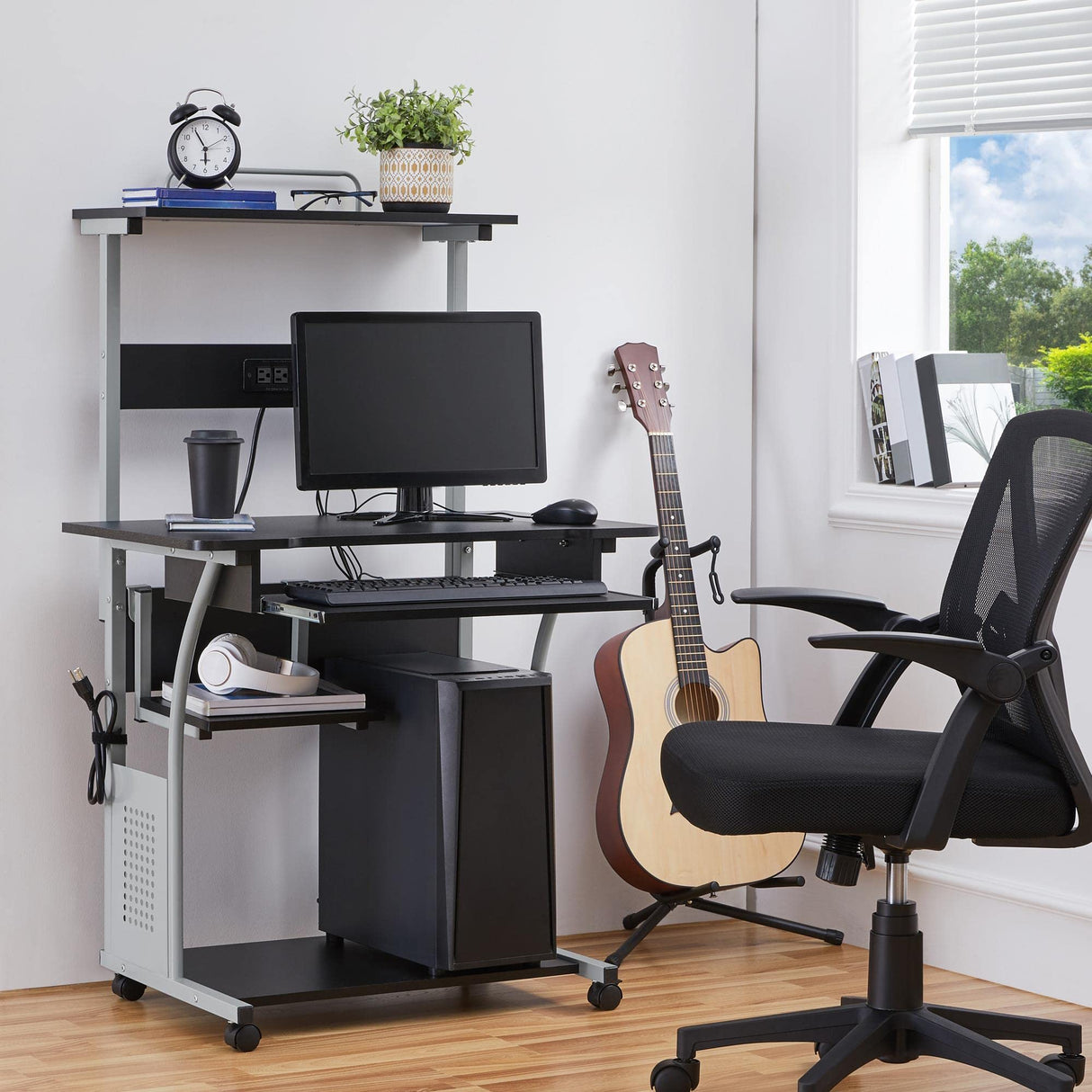 Yaheetech Mobile Home Office Desk with Power Outlet and 2 USB Charging Ports for Studying, 3 Tiers Computer Desk with Keyboard Tray and Charging Station, Rolling PC Laptop Table for Small Space, Black Yaheetech