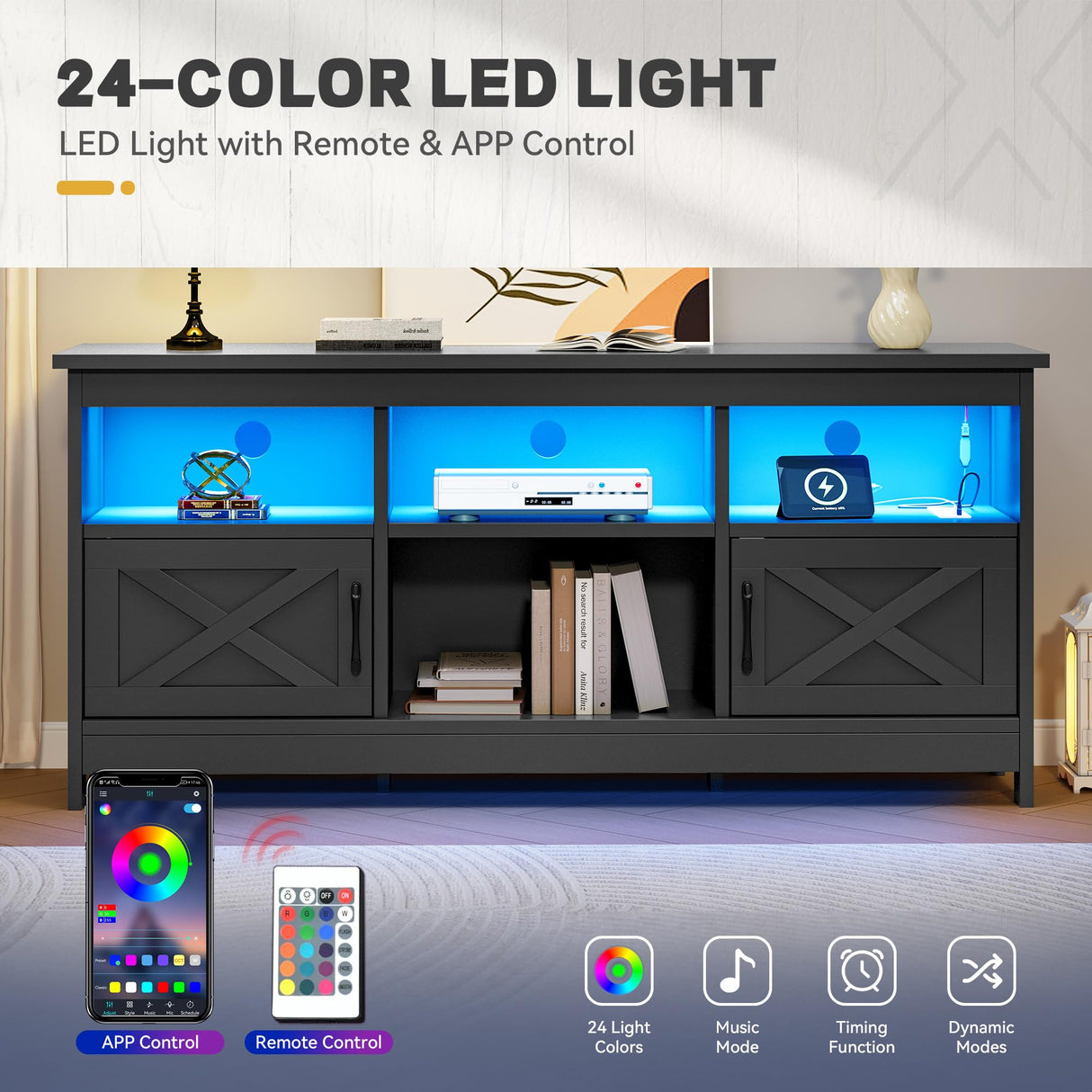 YITAHOME TV Stand for 65 Inch TVs, Entertainment Center with Storage Cabinets, Power Outlet & LED Light, Media Console Living Room Furniture, Black YITAHOME