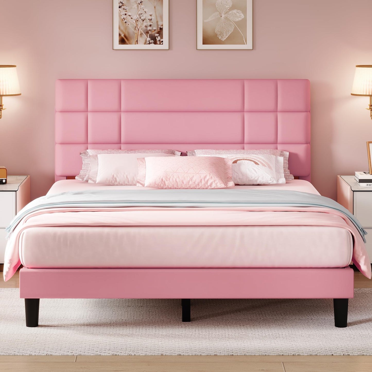 YITAHOME Full Bed Frame Velvet Fabric Upholstered Platform with Headboard and Strong Wooden Slats, Non-Slip and Noise-Free,No Box Spring Needed, Easy Assembly,Pink