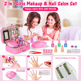 Kids Makeup Kit for Girl - 2 In 1 Kids Washable Makeup Toys & Nail Art Kits with Nail Dryer and Cosmetic Case, Princess Dress Up Set for Girls, Real Girls Makeup Set for Ideal Gifts Toys for 3-12 Year Mqsiuve
