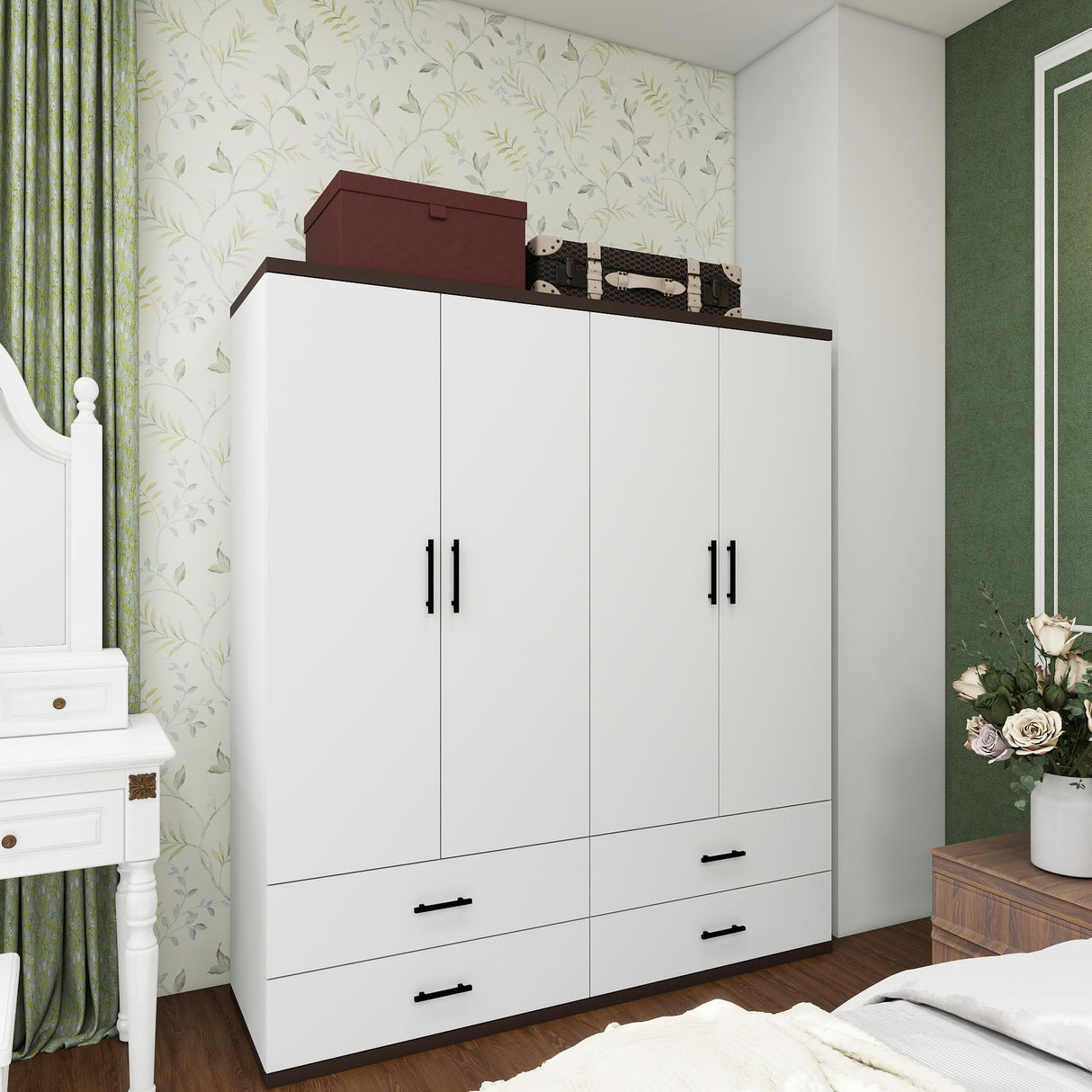 ClassyCabin 70.8" Tall White Wooden Armoire Wardrobe Closet with 2 Hanging Rods 4 Doors 4 Drawers Shelves for Bedroom Wardrobe Modern Freestanding Clothes Storage Cabinet 63" W x 18.9" D x 70.8" H ClassyCabin
