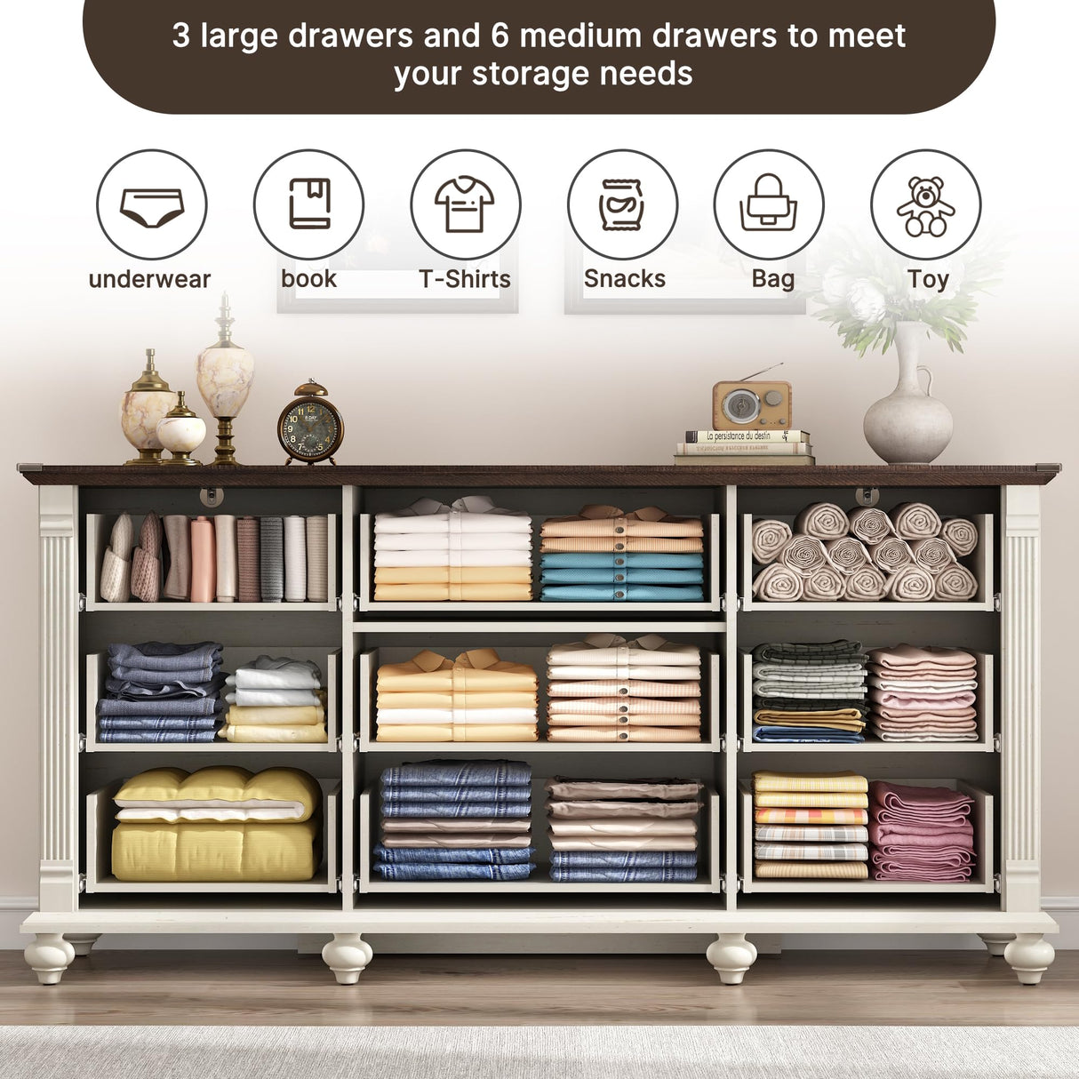 St.Mandyu Farmhouse 9 Drawer Dresser for Bedroom with 6 Gourd Feet and Roman Column Decor, 63in Wide Wood Country Rustic Chest of Drawers, Storage Dressers for Bedroom, Living Room, Rustic White St.Mandyu