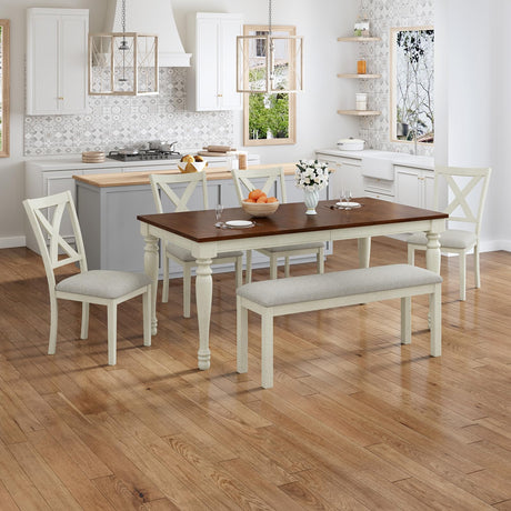 AMERLIFE 6-Piece Farmhouse Dining Table Set, 71” Solid Wood Table, 4 Upholstered Chairs and Bench, Rustic White and Walnut Finish, Seating for 6, for Kitchen or Dining Room AMERLIFE