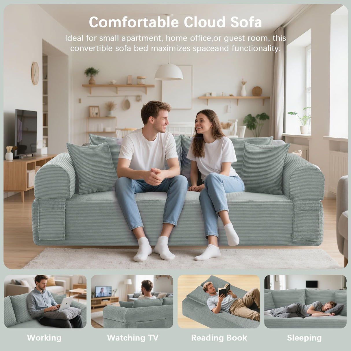 83" Modern Sofa in a Box, No Assembly Oversized 3 Seater 28" Deep Seat Cloud Sofa Bed Couch with 4 Furry Pillows & Corduroy Fabric, Boneless Couch with Side Storage Pockets for Living Room, Light grey Zyerch