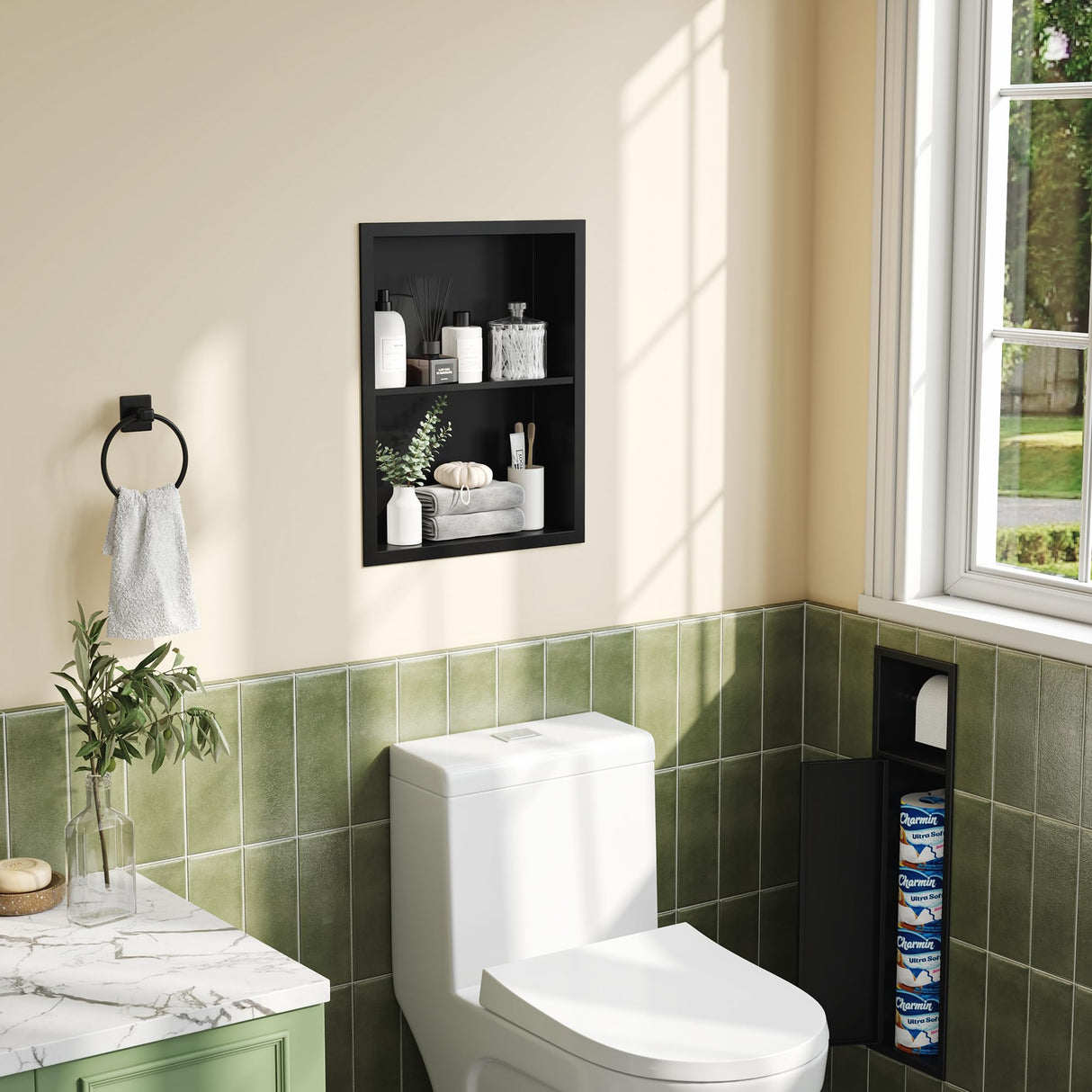 Qeke 14x18 Medicine Cabinet Recessed, Medicine Cabinet Without Mirror, 304 Stainless Steel Medicine Wall Niche with Double Shelves, Matte Black Qeke