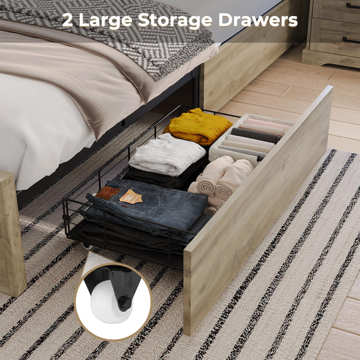 Hasuit Rustic Oak Farmhouse King Bed Frame with LED Lights, Charging Station, and Storage Drawers Hasuit