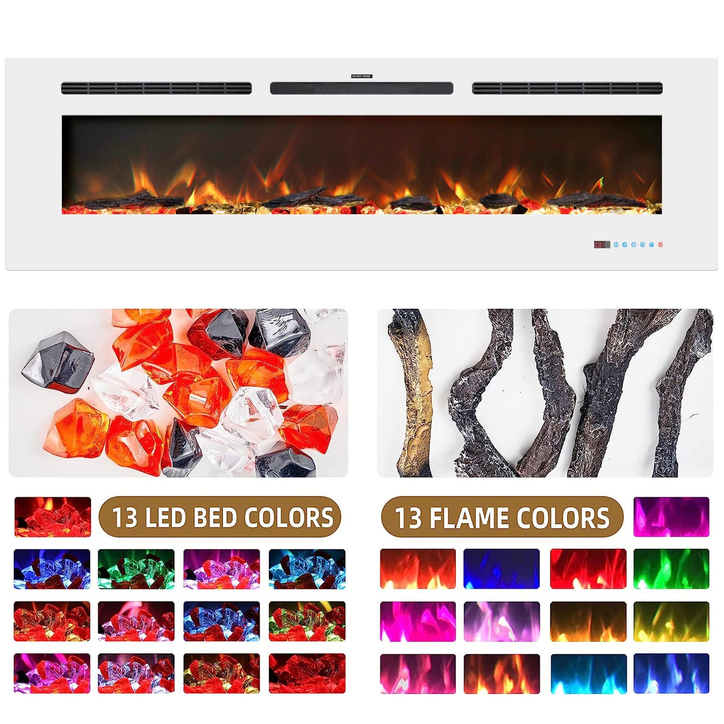 Kentsky 72 inches Electric Fireplace Inserts, Recessed and Wall Mounted Fireplace Heater, Linear Fireplace w/Thermostat, Touch Screen, Multicolor Flame, Timer, Log & Crystal, 750W/1500W, White