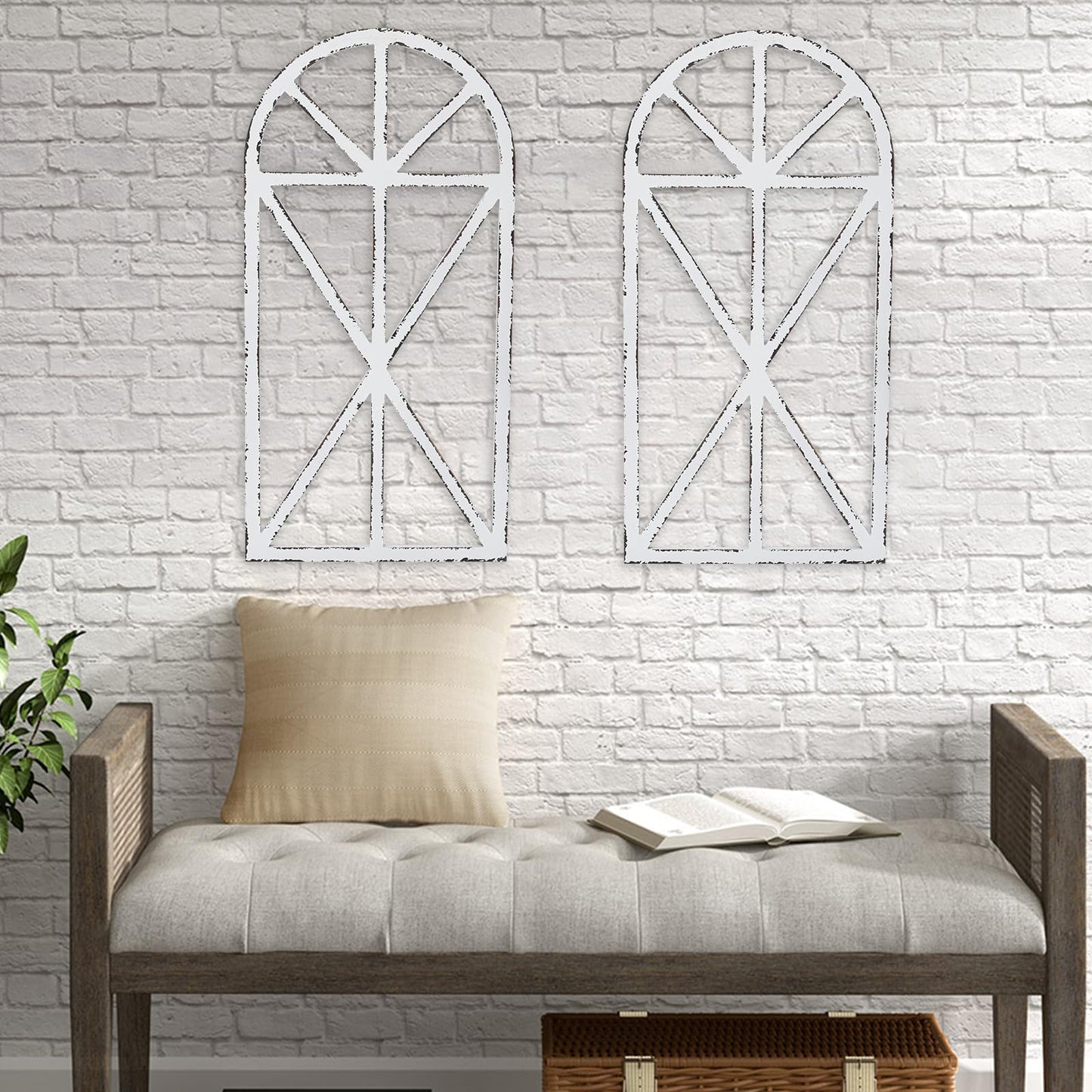 SwallowLiving 16" x 32" Rustic Cathedral Window Frame Wall Decor - Classic Farmhouse Charm for Your Home, White, Set of 2 - WoodArtSupply