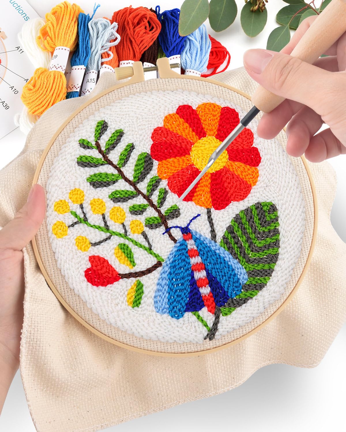 ERKOON Punch Needle Kit Adults Beginners, 2 Pcs DIY Easy Flower Embroidery Set for Starter Art Craft, Needling Punching Project with Patterns, Tools, Yarns, Hoop, Instruction (Safflower) ERKOON