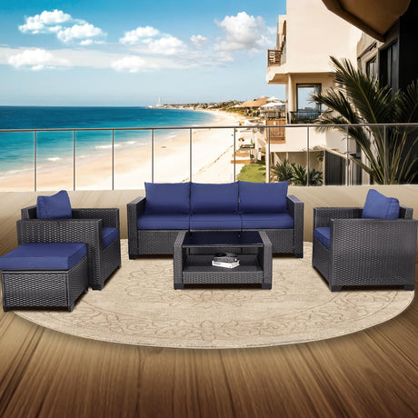 OSGMMOSG Patio Furniture Set Outdoor Furniture,Outdoor Patio Furniture 7 Pieces,Wicker Patio Furniture with Footstool and Coffee Table,Outdoor Couch for Porch, Poolside, Garden or Backyard OSGMMOSG