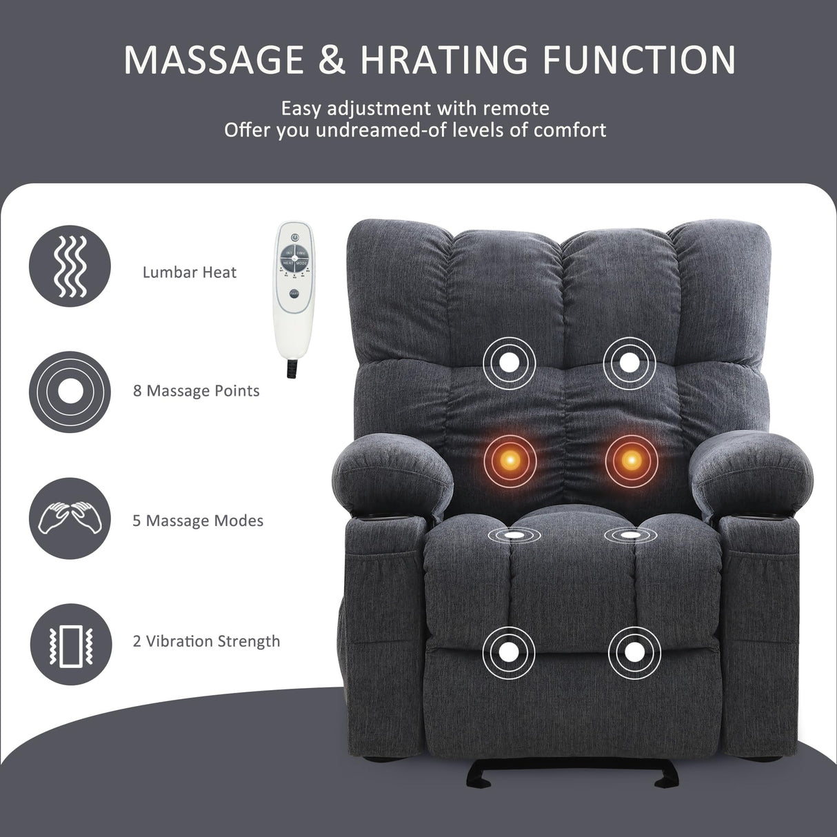 Massage Recliner Chair for Adults with Lumbar Heating Rocker Recliners with 2 Cup Holders and USB Charge Port for Living Room KWKSV