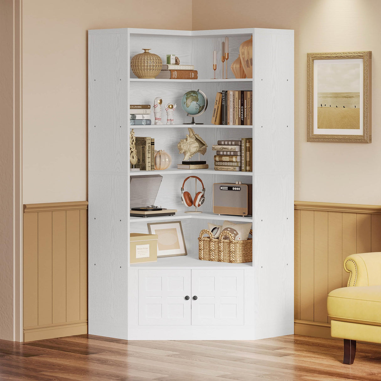 IRONCK 81" Corner Bookshelf with Door, 6 Tiers Lagre Bookshelves with Storage Rack, Tall Bookcase for Living Room Home Office, White IRONCK