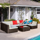Outsunny 7 Piece Outdoor Patio Furniture Set, PE Rattan Wicker Sectional Sofa Set with Couch Cushions, Throw Pillows and Coffee Table, Orange, Cream Outsunny