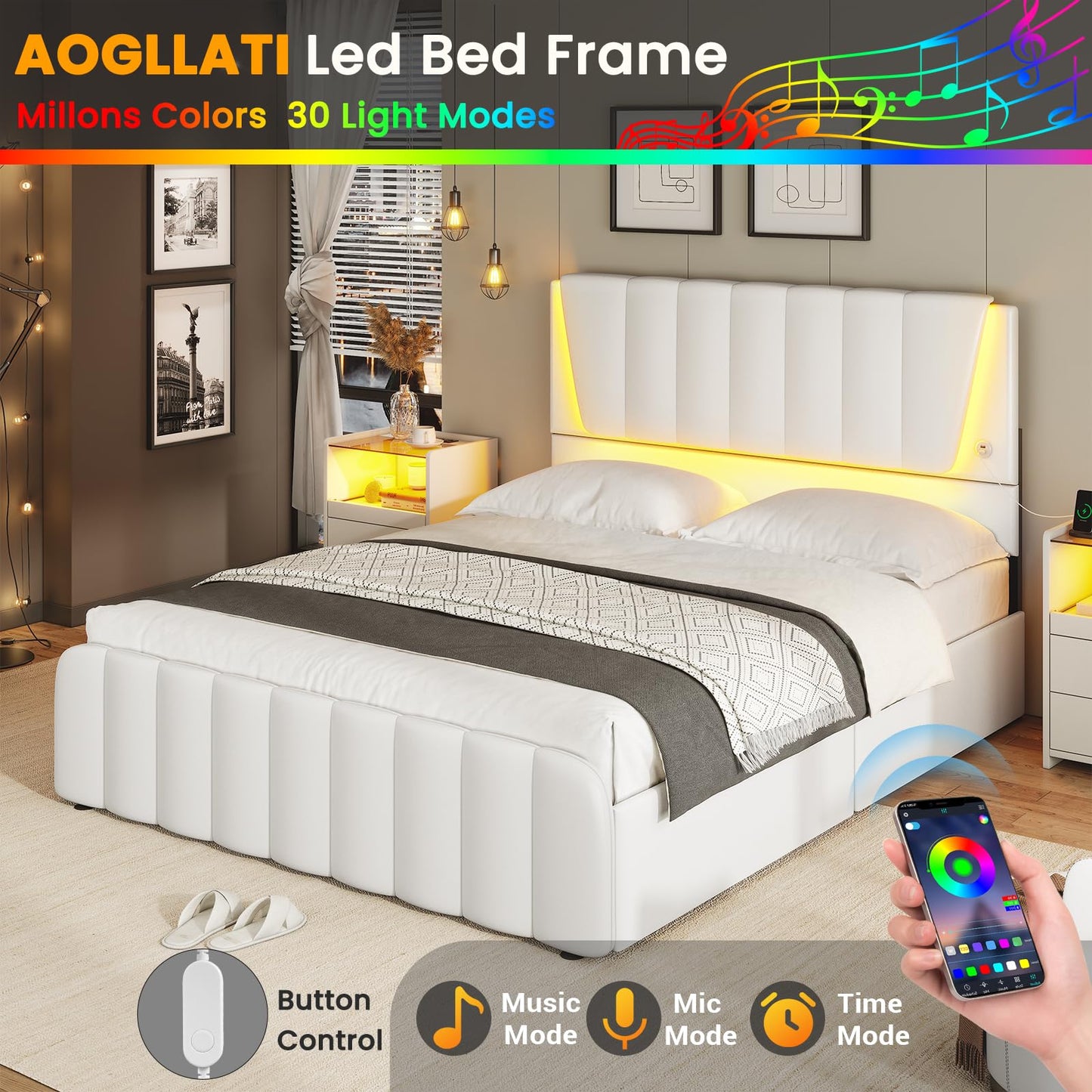 AOGLLATI White Queen Bed Frame with LED Headboard and 4 Storage Drawers - WoodArtSupply