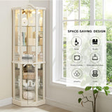 Eyisean Lighted Corner Curio Cabinet with Tempered Glass Doors and Shelves, 72" H Glass Display Cabinet with Curved Top Carving, Light Bulb Included, Rack for Liquor Storage and Living Room (White) Eyisean
