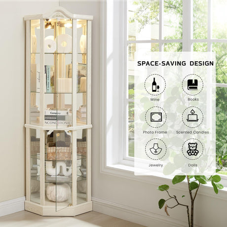 Eyisean Lighted Corner Curio Cabinet with Tempered Glass Doors and Shelves, 72" H Glass Display Cabinet with Curved Top Carving, Light Bulb Included, Rack for Liquor Storage and Living Room (White) Eyisean
