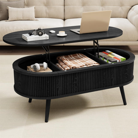 Oval Coffee Table with Storage, Fluted Coffee Table with Lift Top, Small Coffee Tables with Storage, Mid Century Modern Center Table for Living Room Home Office, 39.4", Black Onogefel