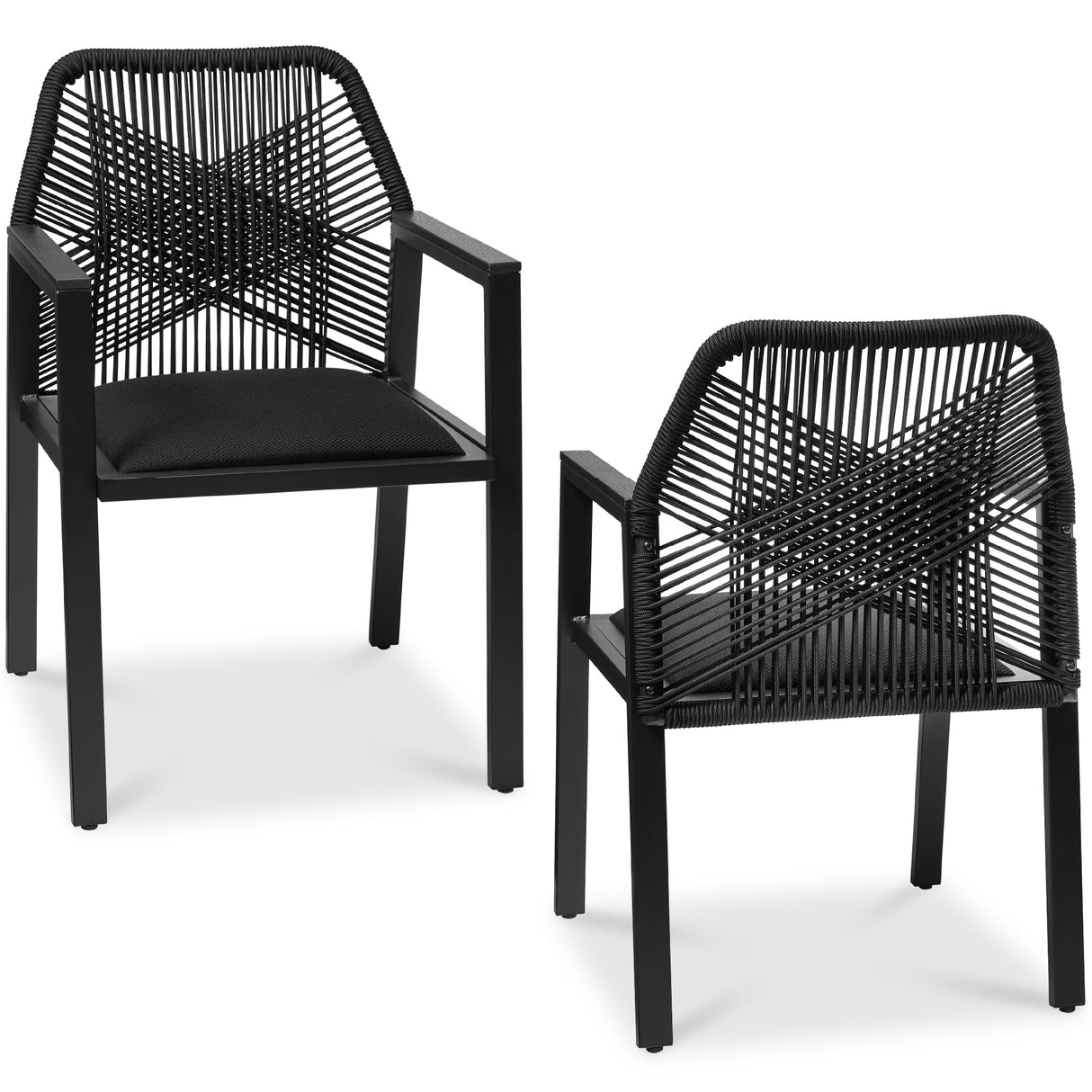 Best Choice Products Outdoor Dining Arm Chair Set of 2, Aluminum Frame with Armrest, All-Weather Woven Rope Chair Design - Black/Obsidian Best Choice Products