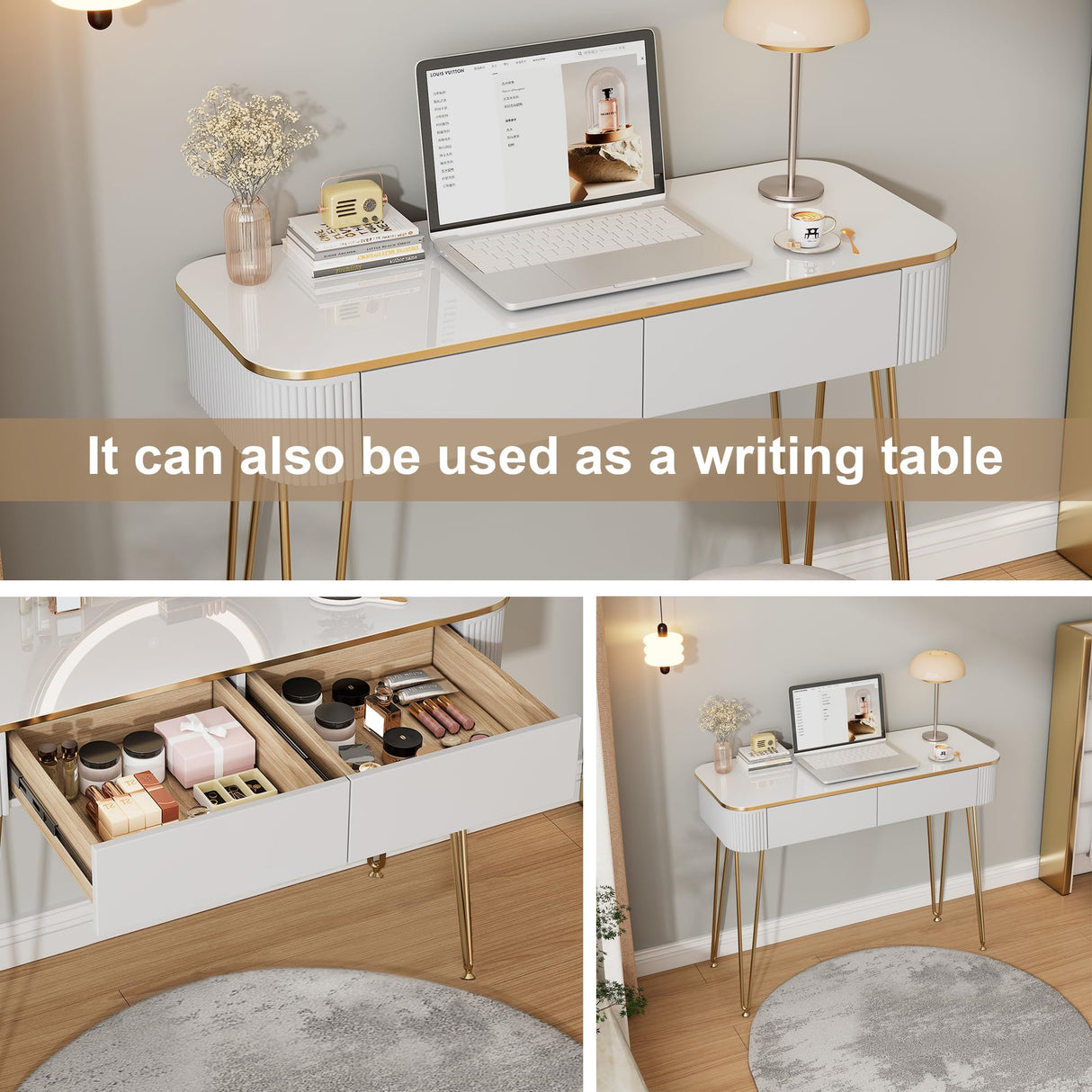 KDCAS Modern Vanity Desk with Mirror and Lights, 39" White and Gold Makeup Vanity Table with 2 Storage Drawers, Stylish Gold Dressing Table for Small Spaces & Bedroom KDCAS