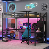 Duxelifin Full Size Loft Bed Heavy-Duty Metal Loft Beds with Desk & LED Lights, High Lofted Bed with Stairs and Charging Station, Gaming Loft Tall Bed for Boys Girls and Teens (Black) Duxelifin