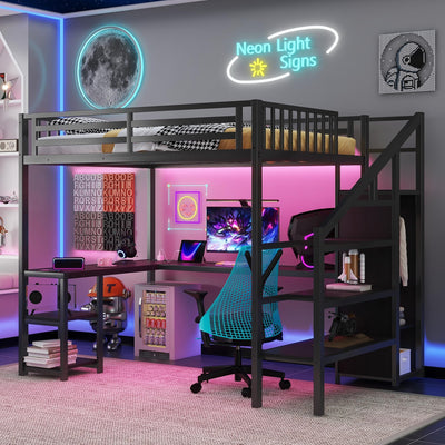 Duxelifin Full Size Loft Bed Heavy-Duty Metal Loft Beds with Desk & LED Lights, High Lofted Bed with Stairs and Charging Station, Gaming Loft Tall Bed for Boys Girls and Teens (Black)