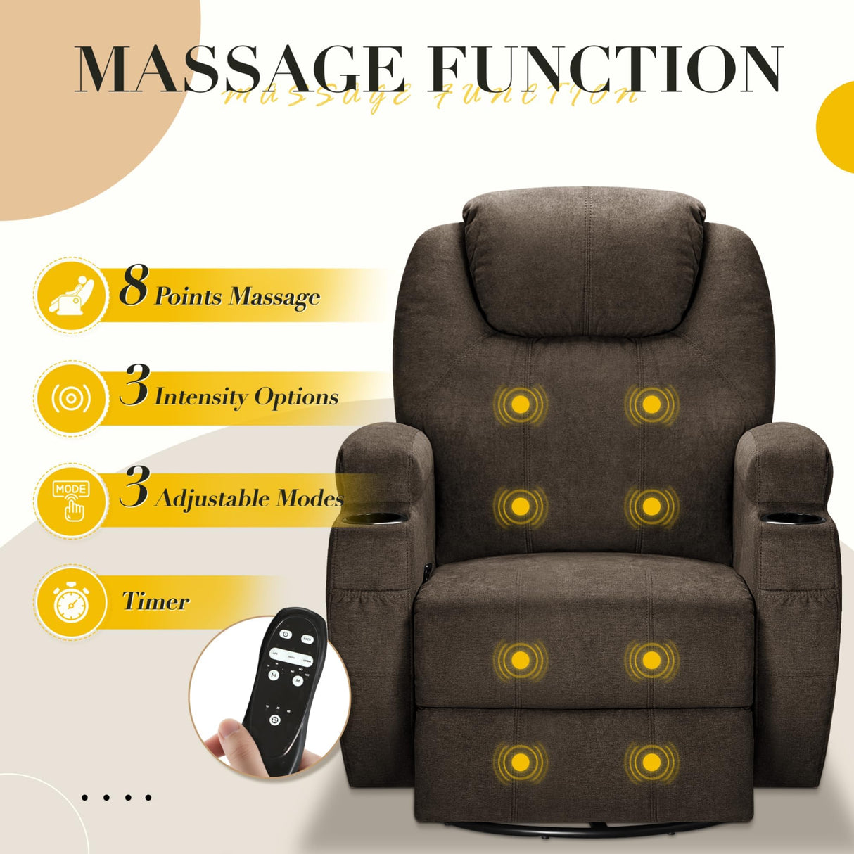 Recliner Chair, 360° Swivel Rocker Chair for Adults, Rocking Recliner Chair with Massage, Comfy Single Sofa with Side Pockets Cup Holders for Living Room, Bedroom, Nursery (Fabric, Brown) Furmax