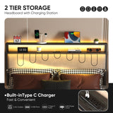 Full size bed frame with led lights, Metal Platform Frame Upholstered Headboard, Charging Station, Storage Shelves, Heavy Duty Metal Slats, No Box Spring Needed, Noise Free, Easy Assembly, Black Natekelly