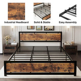 LIKIMIO Industrial King Bed Frame with Vintage Wood Headboard and 12 Strong Metal Legs - Easy Assembly, No Box Spring Needed LIKIMIO